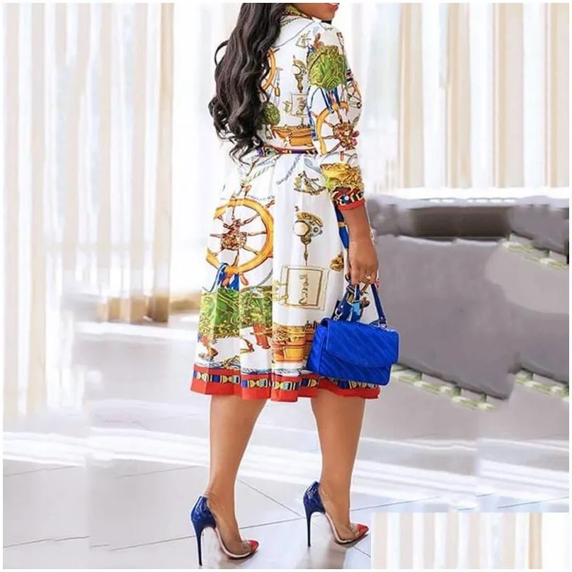 casual dresses fall autumn 2021 lapel mid-calf high waist dress big plus size geometric printed elegant office ladies tunic pleated