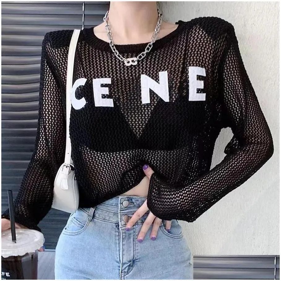 2023letter-printed hollowed-out t-shirt for womens summer design sense small crowd loose short long-sleeved sunscreen shirt top