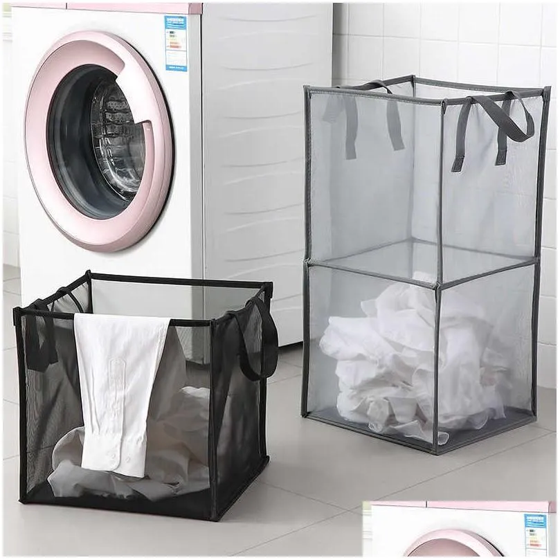 Storage Baskets Storage Baskets Foldable Dirty Laundry Clothes Basket Fabric Grid Household Large Capacity Bathroom Finishing Bag Home Dhdc9