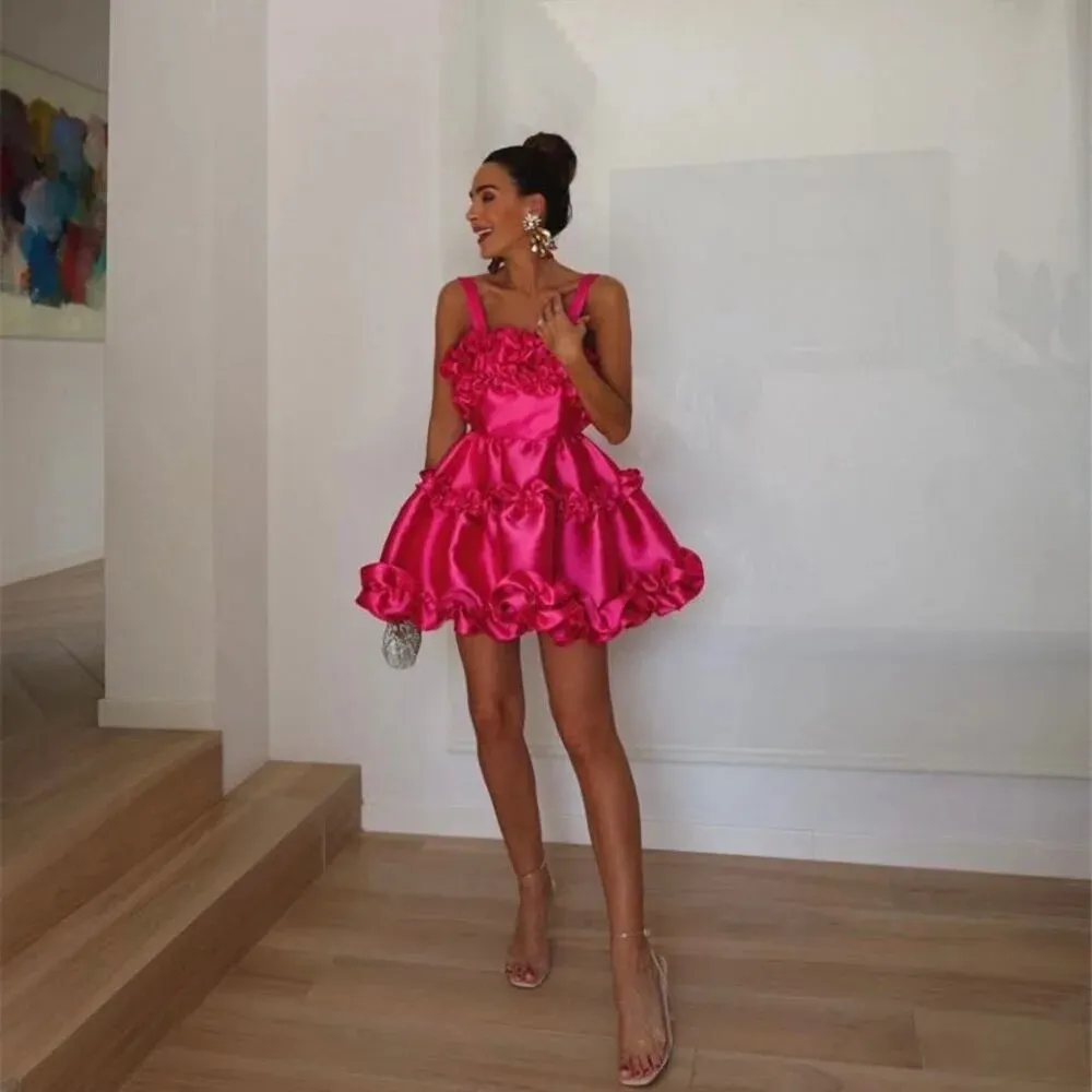 Fuschia Satin Homecoming Puffy Ruffles Special Occasion Prom Gowns Mini Cocktail Party Custom Made Robe De