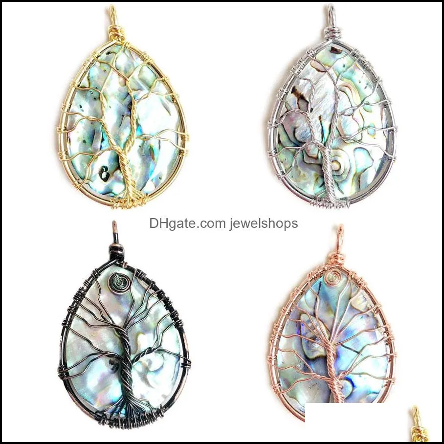 WOJIAER Natural Abalone Shell Drop Pendant for Women Tree of Life Wire Wrap Beads Mixed Colors DIY Handmade Necklace Jewelry BV920