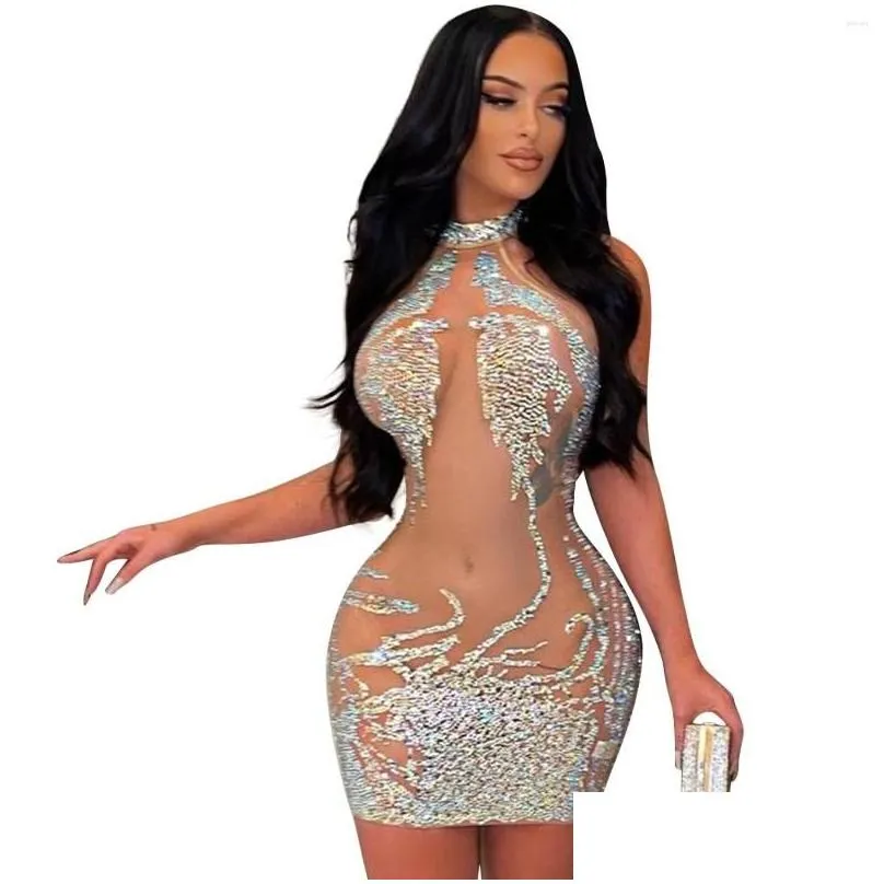 Basic & Casual Dresses Casual Dresses Zoctuo Womens Elegant Diamonds Vestidos Lady Y Tight Sheer Mesh Drill Party Rave Activity Nightc Dhnl7