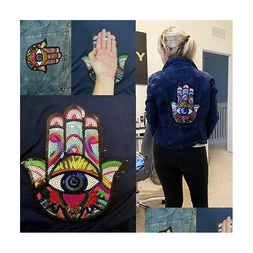 sewing notions iron on or sew on sequin colorful hand eyes embroidered badge motif applique clothing jeans t shirt 10 colors