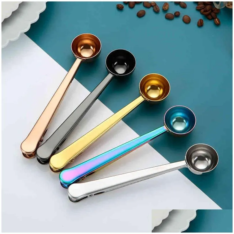 Coffee Scoops Stainless Steel Coffee Spoon Scoop Mtifunction Bag Sealing Clip Milk Powder Liquid Seasoning Measuring Spoons Long Handl Dhbxd