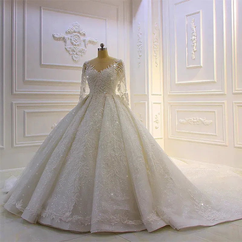 Luxury Sequined Lace Ball Gown Wedding Dresses With Long Sleeves Elegant Jewel Neck Formal Bridal Gowns Lace-up Back Princess Dubai Arabic Vestidos De Novia CL2793