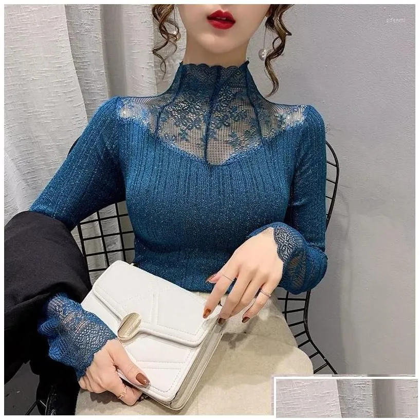 womens sweaters womens sexy lace stitching sweater shirt 2022 spring half turtleneck female longsleeved render unlined slim elegant