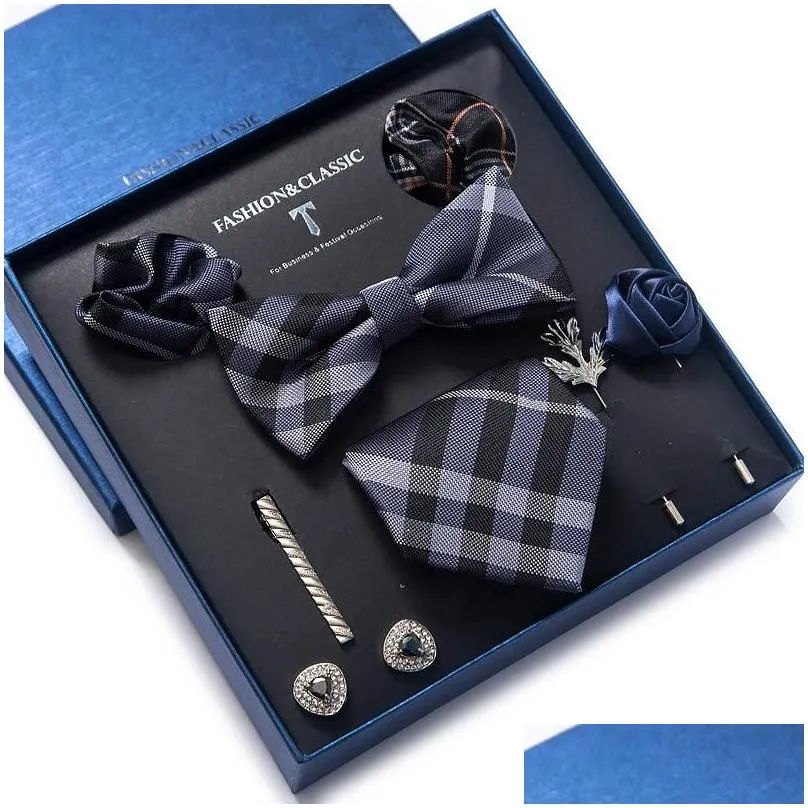Bow Ties Bow Ties Vangise Brand Est Design Silk Tie Handkerchief Pocket Squares Cufflink Set Clip Necktie Box Plaid Fathers Daybow Fas Dhfo7