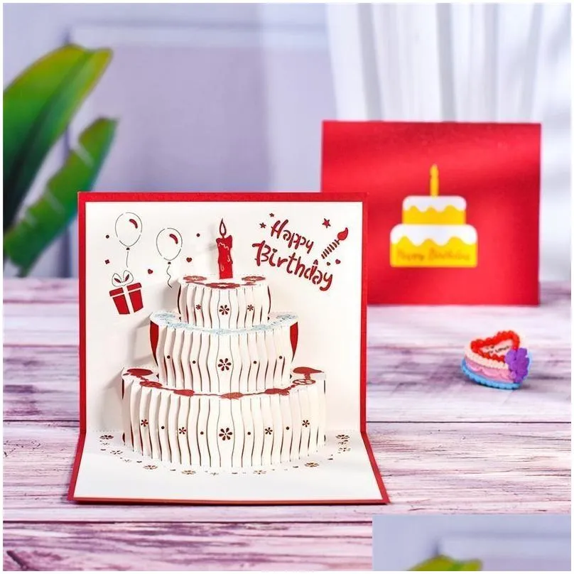 Greeting Cards Ups Greeting Cards 3D Happy Birthday Cake -Up Gift For Kids Mom With Envelope Handmade Home Garden Festive Party Sup Dhm6D