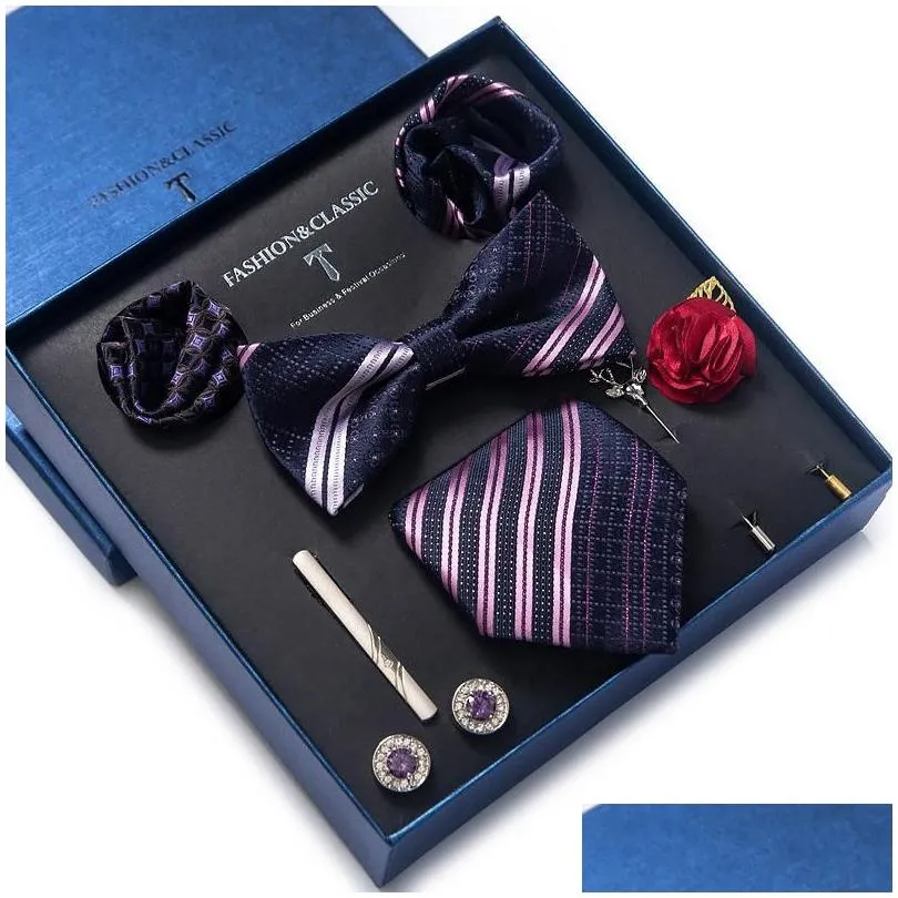 Bow Ties Bow Ties Vangise Brand Est Design Silk Tie Handkerchief Pocket Squares Cufflink Set Clip Necktie Box Plaid Fathers Daybow Fas Dhfo7