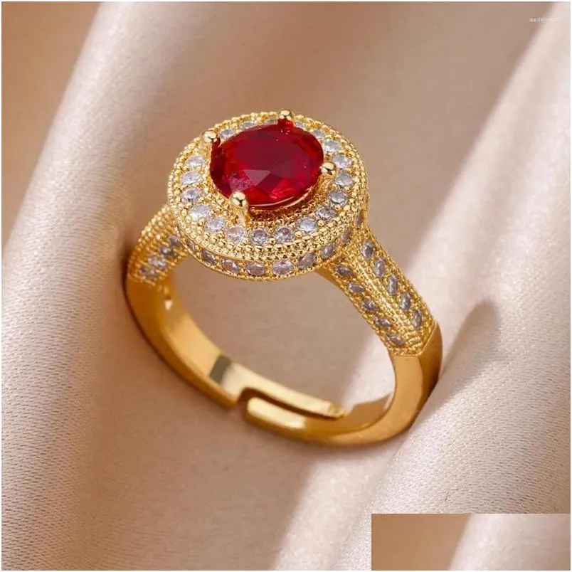 Wedding Rings Wedding Rings Red Zircon Round Stone For Women Stainless Steel Adjustable Ring 2023 Trending Jewelry Anillos Jewelry Rin Dhw3V