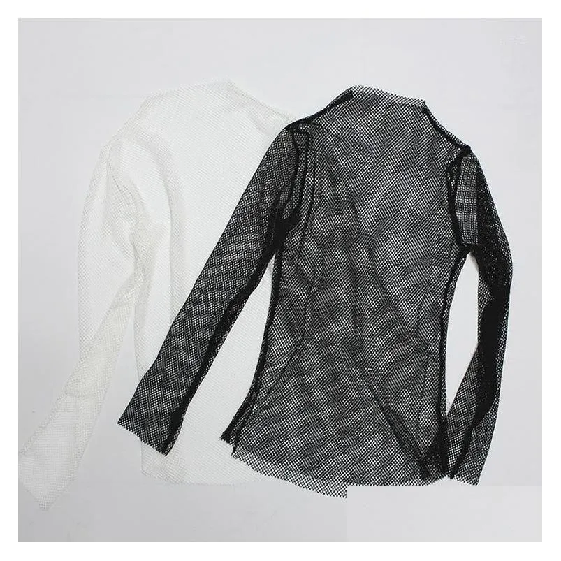 womens t shirts women fishnet mesh see-through black female harajuku sexy long sleeve tee tops