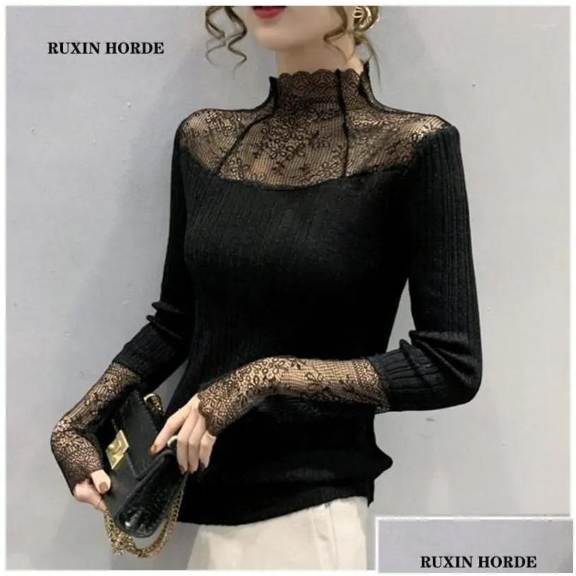 womens sweaters womens sexy lace stitching sweater shirt 2022 spring half turtleneck female longsleeved render unlined slim elegant