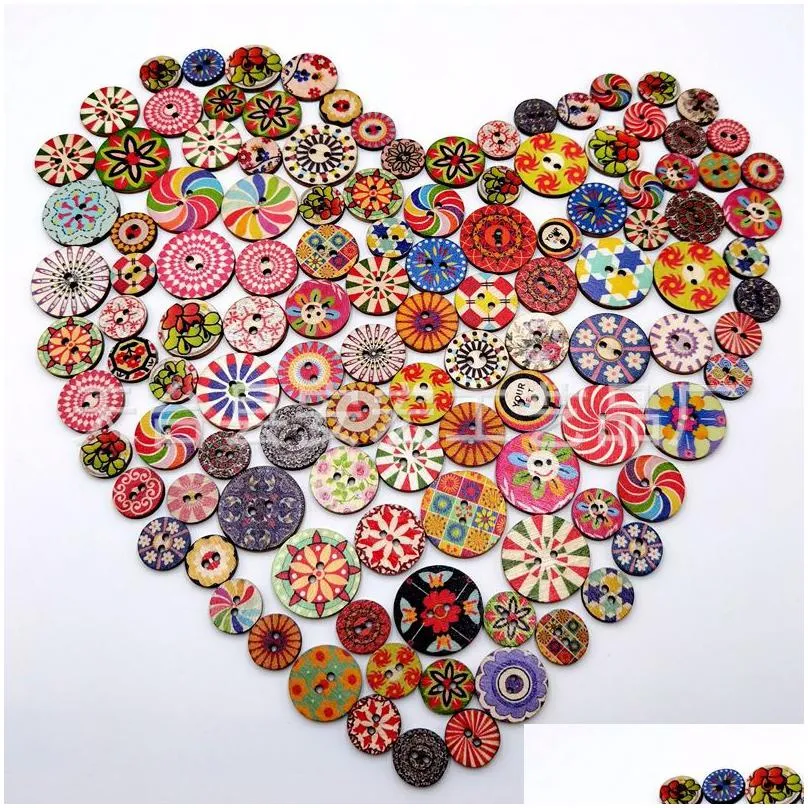 sewing notions mixed random flower painting round 2 holes vintage wood buttons for diy scrapbooking crafts clothing accessories 20mm