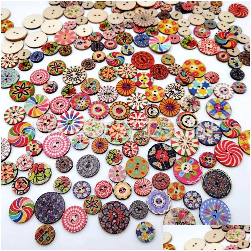 sewing notions mixed random flower painting round 2 holes vintage wood buttons for diy scrapbooking crafts clothing accessories 20mm