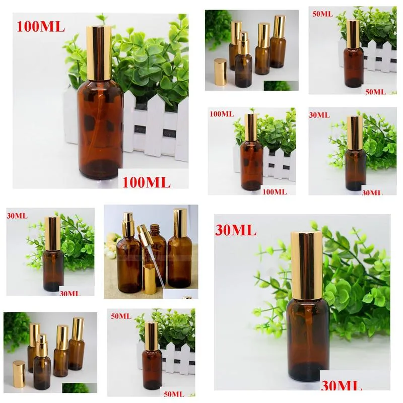 Packing Bottles Wholesale Empty Glass  Oil Per Bottles Amber Refillable Mist Spray Bottle 5-100Ml With Gold Cap Office School Dhcjy