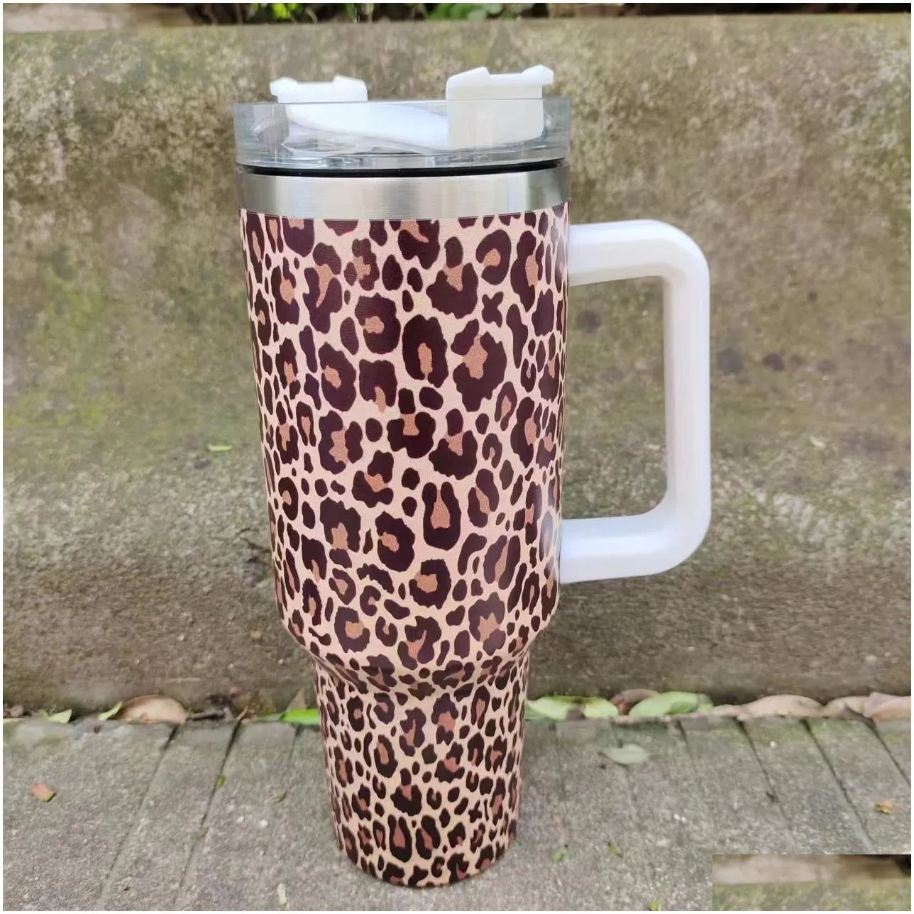 40oz 3d leopard stainless steel tumblers with handle water bottle portable outdoor sports cup beer mug insulation travel vacuum flask bottles