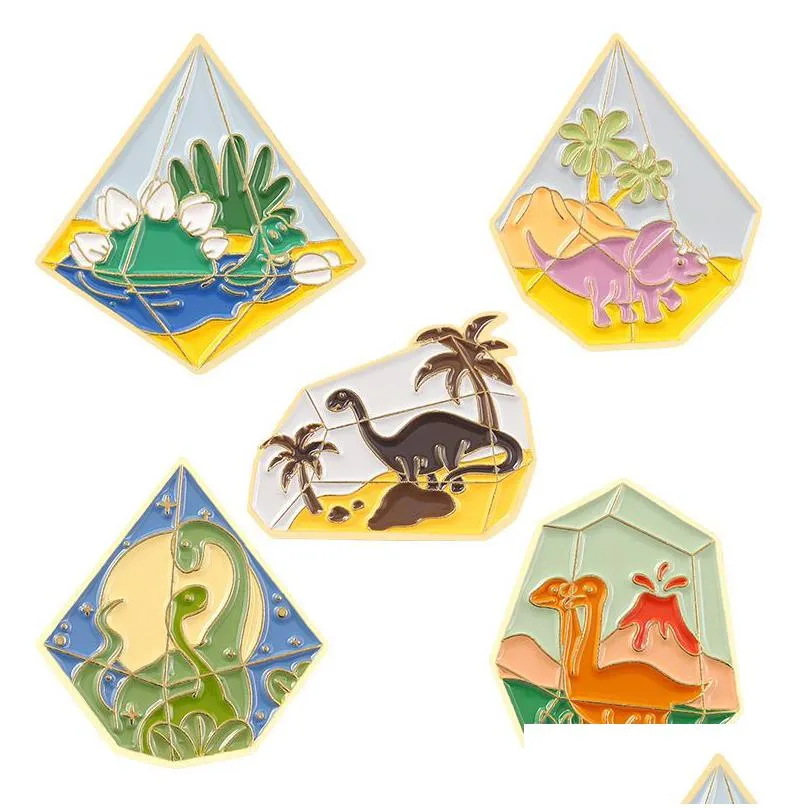 creative glass mountain peak alloy brooches cartoon dinosaur coconut tree shape paint badge clothing brooch pins bulk price