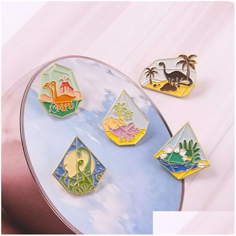 creative glass mountain peak alloy brooches cartoon dinosaur coconut tree shape paint badge clothing brooch pins bulk price