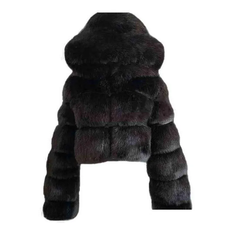 high quality furry short cropped faux coats and jackets women fluffy top coat with hooded winter jacket female t2g 211220