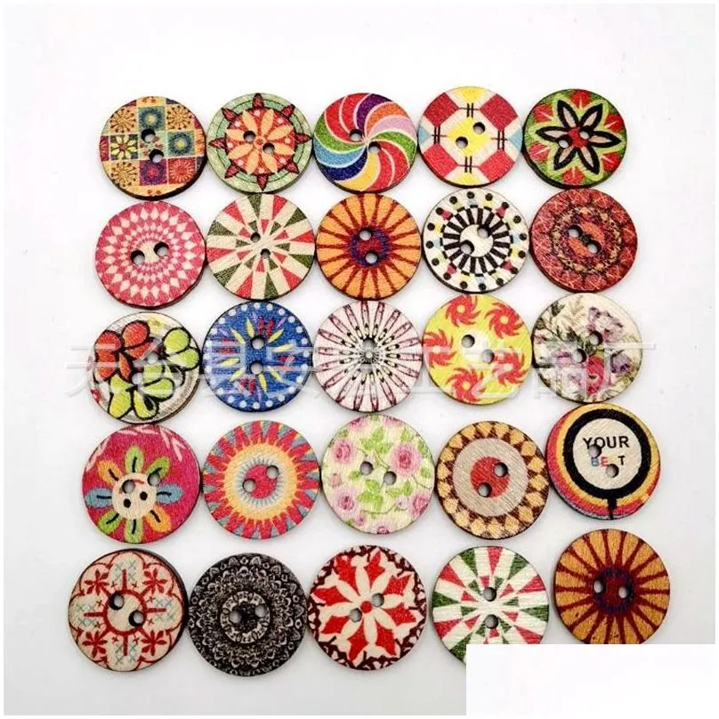 sewing notions mixed random flower painting round 2 holes vintage wood buttons for diy scrapbooking crafts clothing accessories 20mm