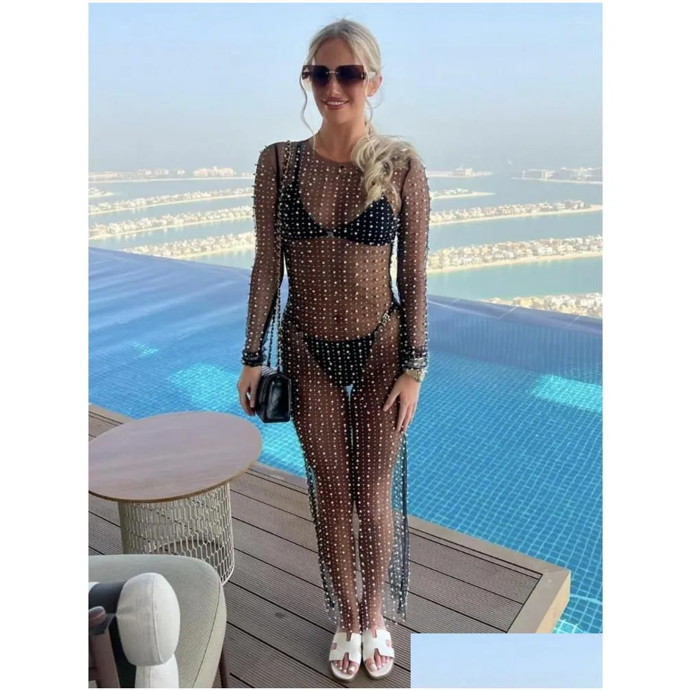 casual dresses sexy mesh see through women dress summer fashion pearl long sleeve vacation beach maxi bodycon club outfits 2023 cover