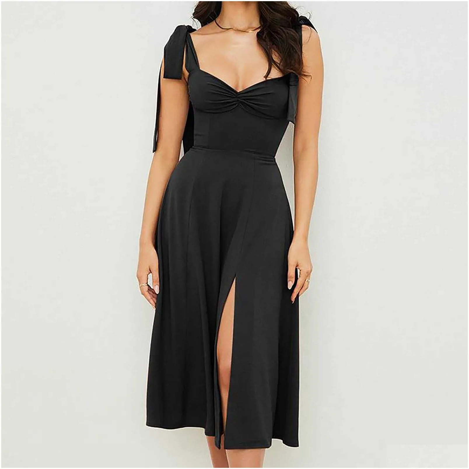 Basic & Casual Dresses Elegant Sleeveless Party Dress Women Solid Shoder Tie Up High Waist Backless Midi Vintage Club Vestidos Apparel Dhwpb