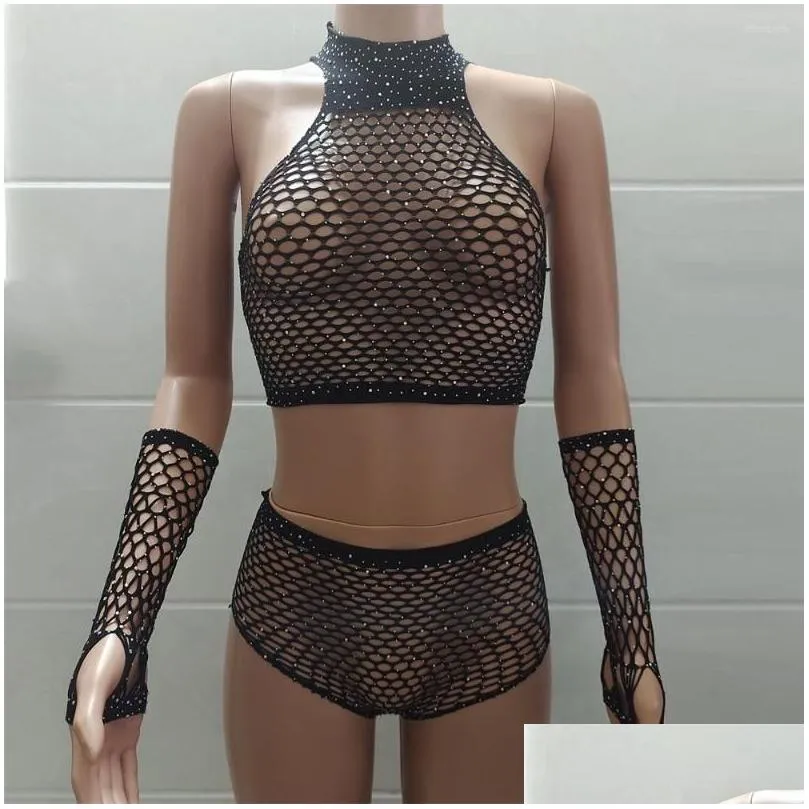Women`S Tracksuits Womens Tracksuits Y Women Fishnet Set Shiny Solid Two Piece Halter Crop Top Shorts 2 Pieces Hollow Out Cloghet Appa Dhpfd