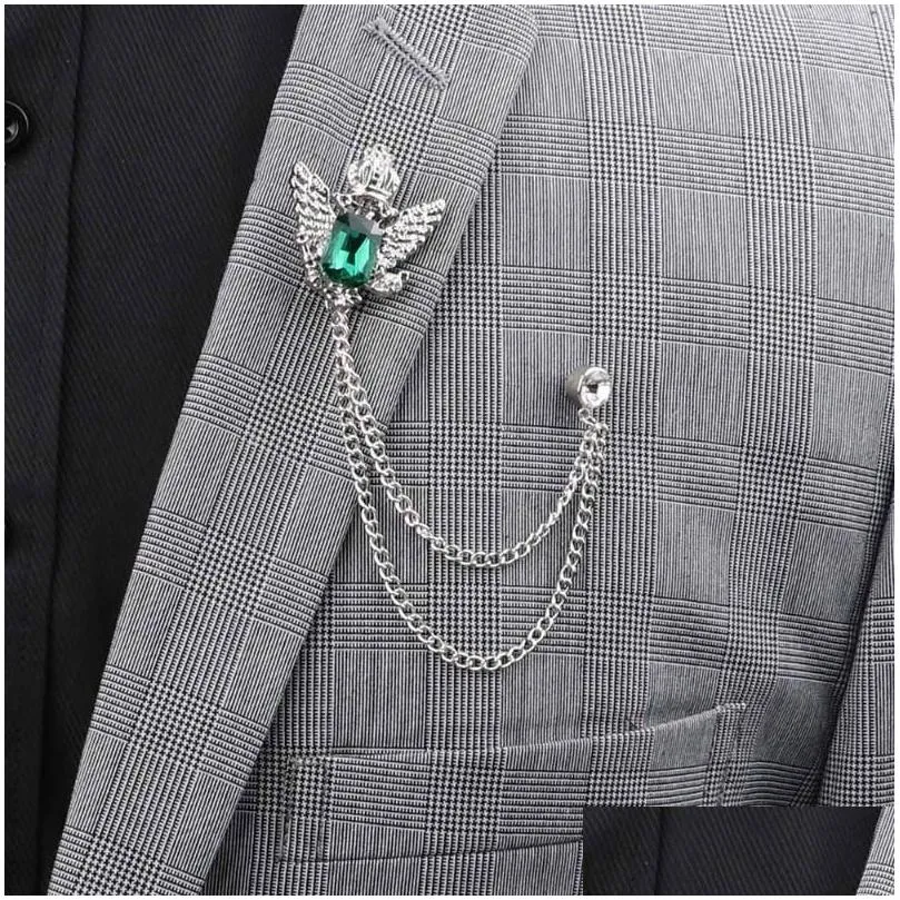 Pins, Brooches Pins Brooches Bridegroom Rhinestone Chain Lapel Pin Badge Crystal Tassel Brooch Suit Jewelry Luxury Men Accessories Jew Dhdvi