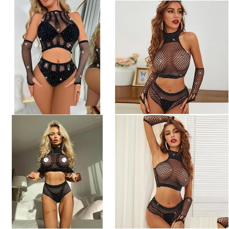 Women`S Tracksuits Womens Tracksuits Y Women Fishnet Set Shiny Solid Two Piece Halter Crop Top Shorts 2 Pieces Hollow Out Cloghet Appa Dhpfd