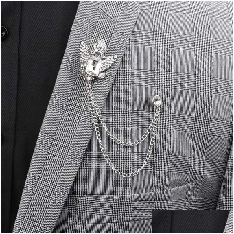 Pins, Brooches Pins Brooches Bridegroom Rhinestone Chain Lapel Pin Badge Crystal Tassel Brooch Suit Jewelry Luxury Men Accessories Jew Dhdvi