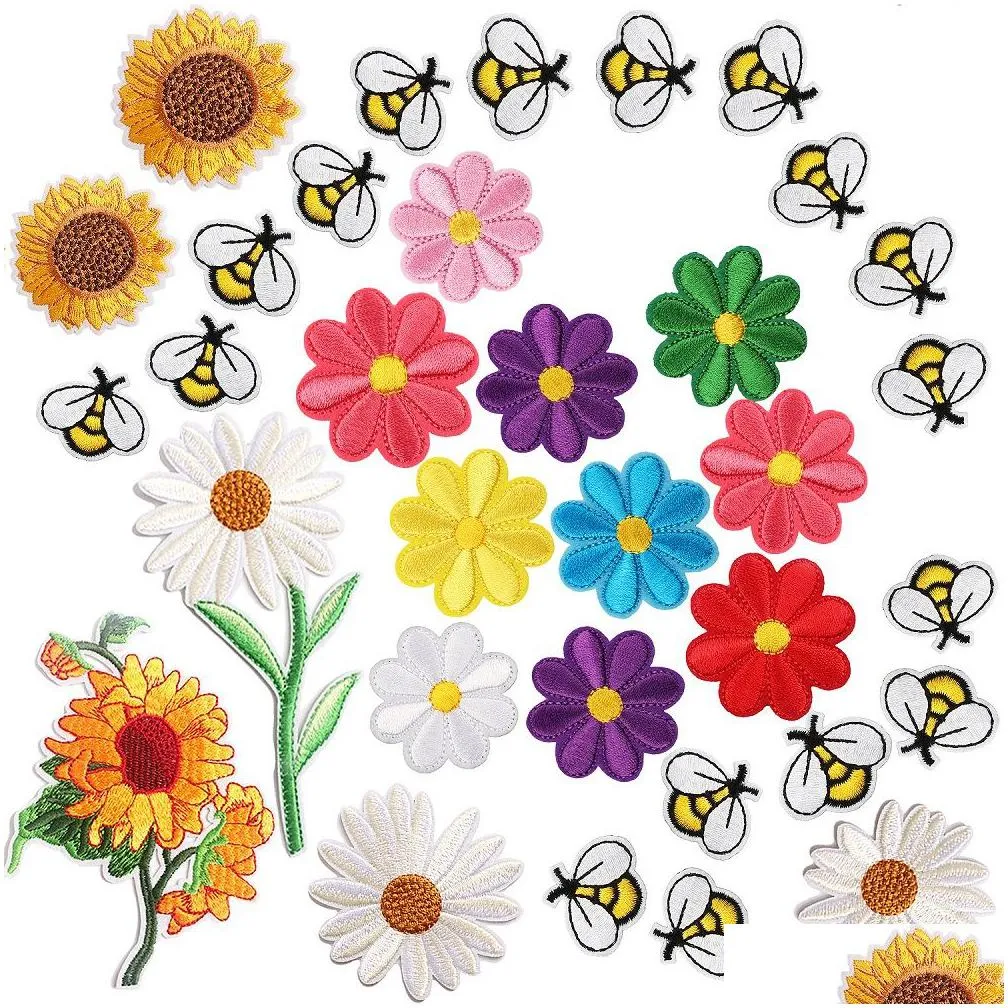 notions cute bee sunflower daisy for clothing iron on embroidered applique decoration sewinges for bags jackets jeans clothes diy