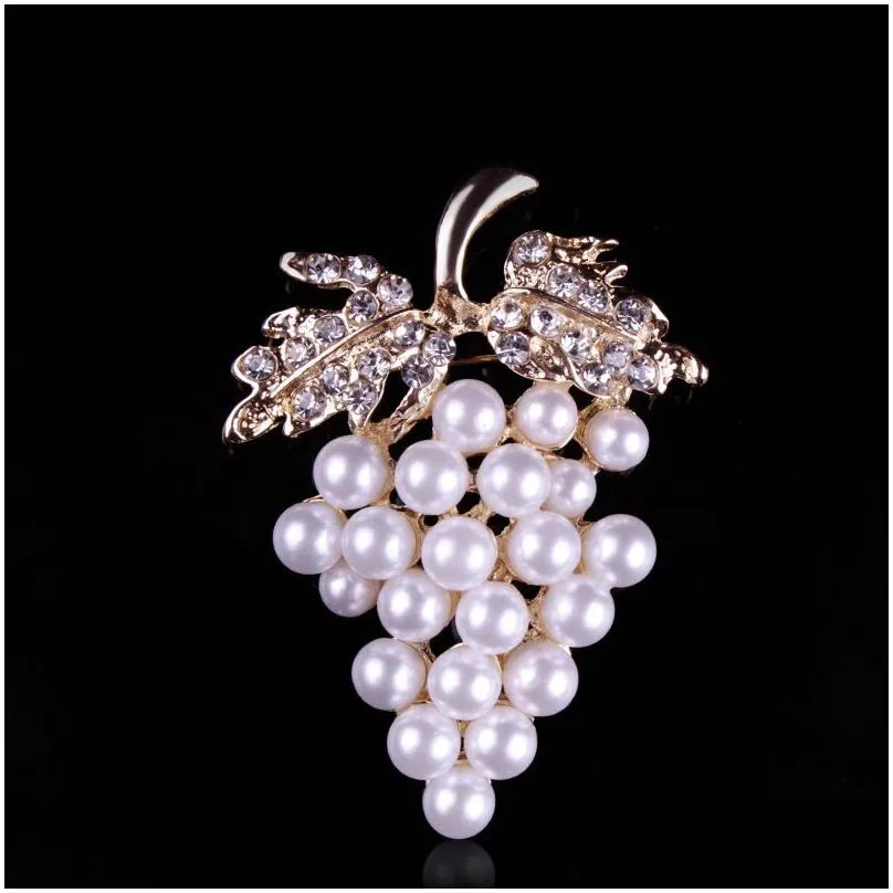 korean version fashion red crystal grape pearl brooch for women alloy diamond brooches pin clothing jewelry accessories in bulk