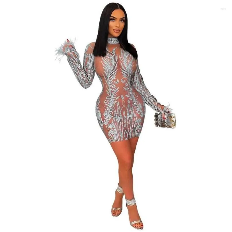 Basic & Casual Dresses Casual Dresses Wishyear 2022 Y Party Club Outfits Sheer Mesh Long Sleeve Mini Dress Women Glitter Sequin Embell Dhasl