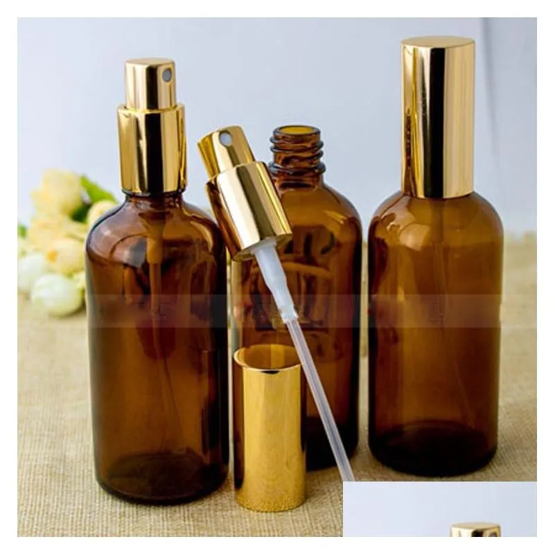 Packing Bottles Wholesale Empty Glass  Oil Per Bottles Amber Refillable Mist Spray Bottle 5-100Ml With Gold Cap Office School Dhcjy