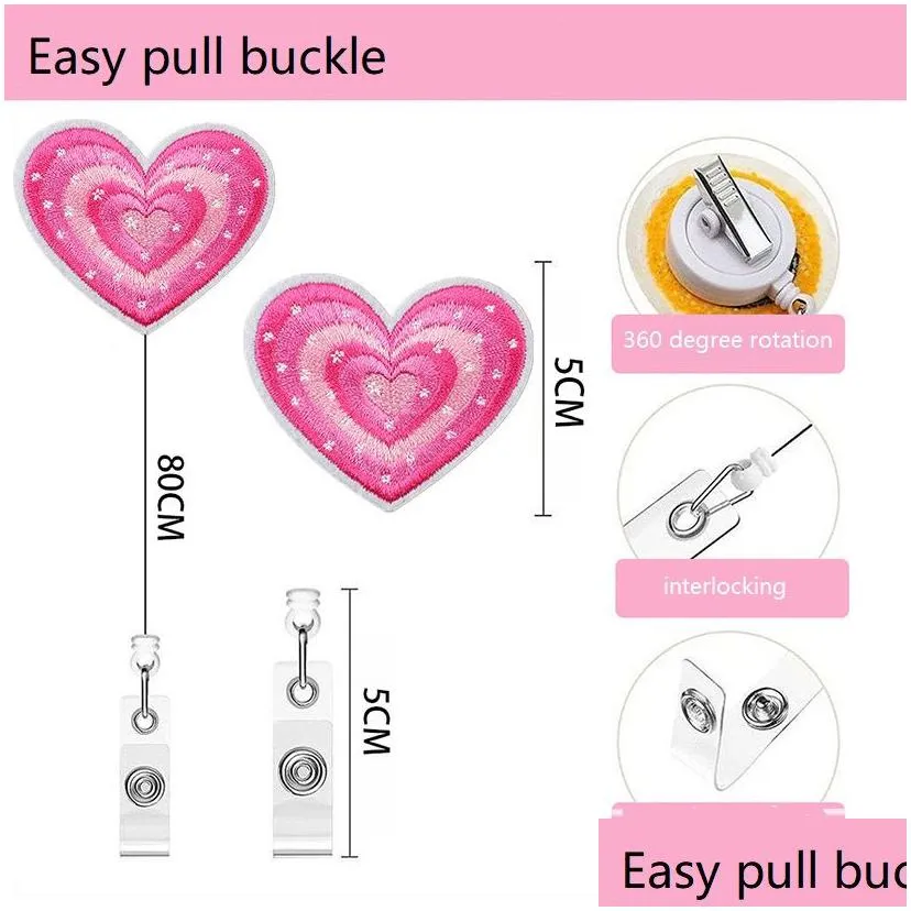 notions butterfly emboridered retractable badge reels holder with alloy alligator clip cute pink love heart resin id card decorative badge name tag