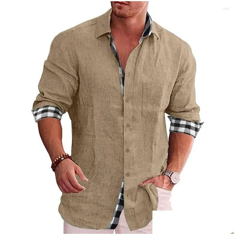 Men`S T-Shirts Mens T Shirts Men Fashion Linen Clothing Single-Breasted Tops Casual Beach Shirt Long Sleeve Pocket Design Blouse Appar Dhof8