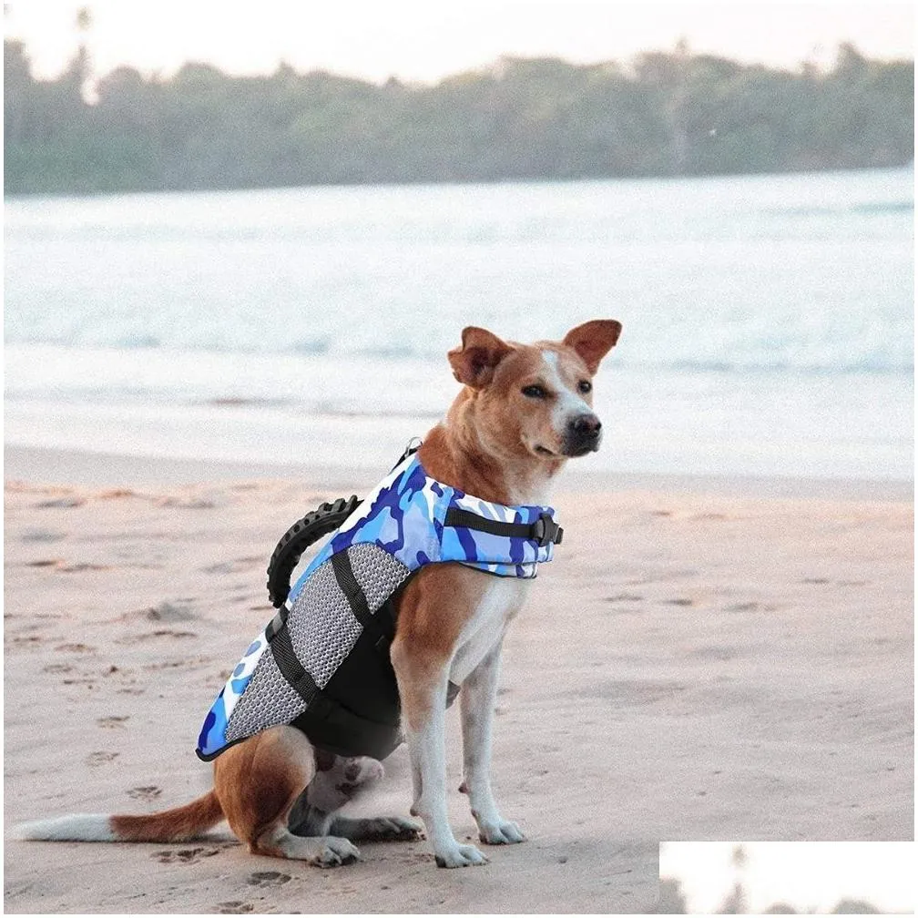 Dog Apparel Dog Life Jacket Pet Floatation Safety Vest Adjustable Camo Swimsuit Reflective Preserver With Rescue Handle For Swimming B Dh8Qw