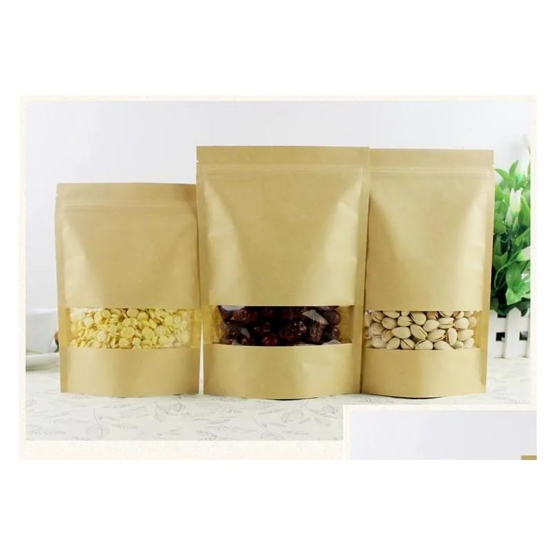 Packing Bags Wholesale Kraft Paper Bag With Window Stand Up Pouches Bags For Gift Dried Food Fruit Tea Packaging Storage Office School Dhc7H