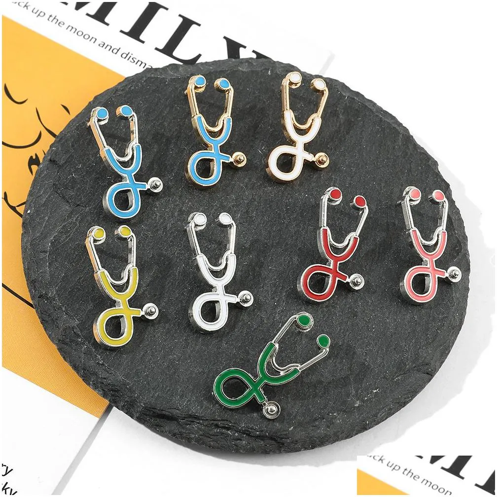 15 colors medical care stethoscope brooches alloy dripping oil clothing bags pins jewelry accessories in bulk