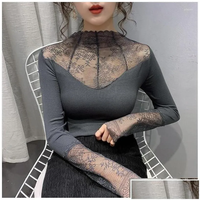 womens sweaters womens sexy lace stitching sweater shirt 2022 spring half turtleneck female longsleeved render unlined slim elegant