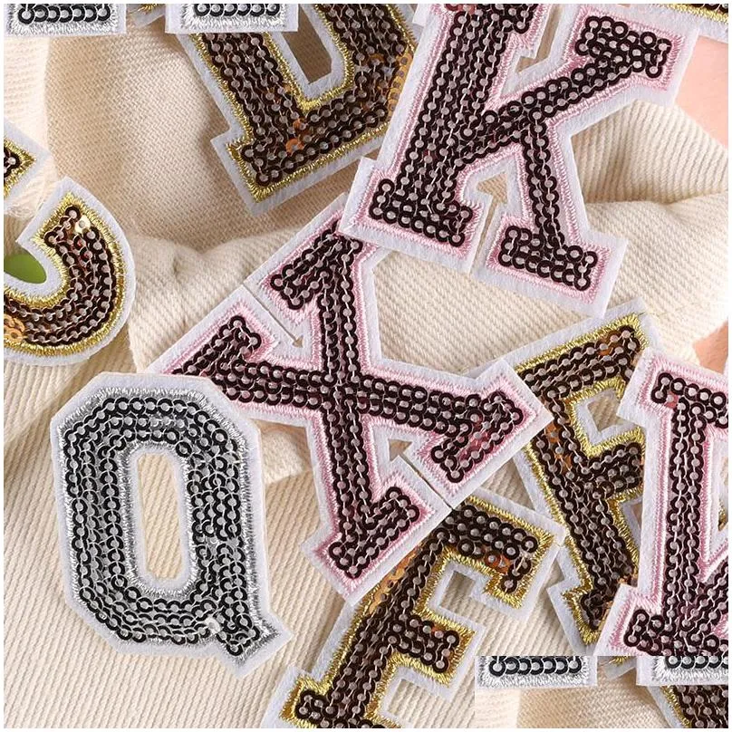 notions 5.1cm letter sequin iron on a to z alphabetes appliques golden crown design with glitter fix sticker for clothes hat