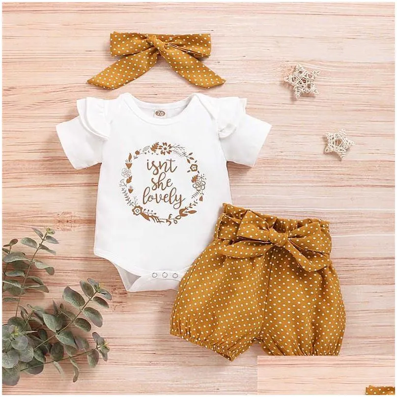 Clothing Sets Summer 3-Piece Letter Print Bodysuit And Dotted Shorts Set Baby Toddler Girl Sets Clothes 210528 Baby, Kids Maternity Ba Dhepv