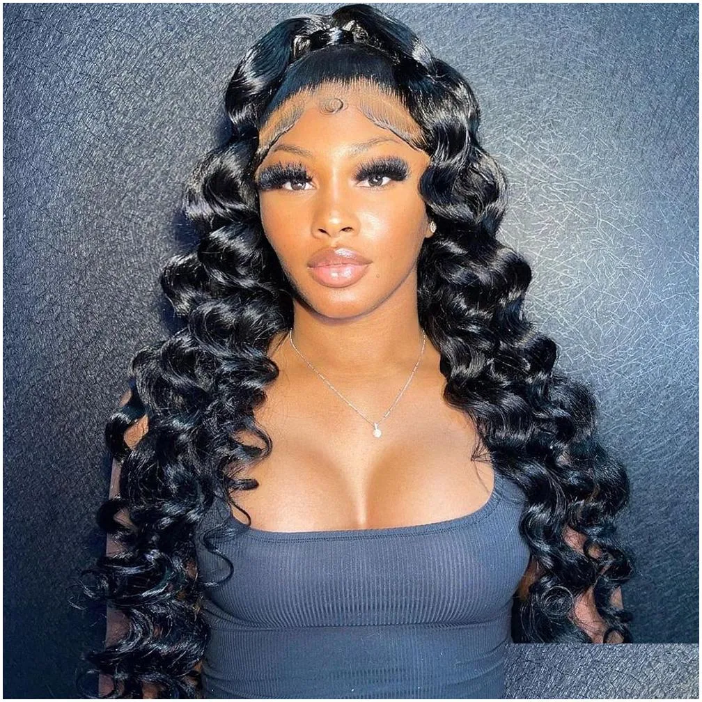 Synthetic Wigs Loose Deep Wave Lace Front Human Hair Wigs For Women Black 13X4 Frontal Wig Transparent Hd Glueless Synthetic Pre Hair Dh3Ar