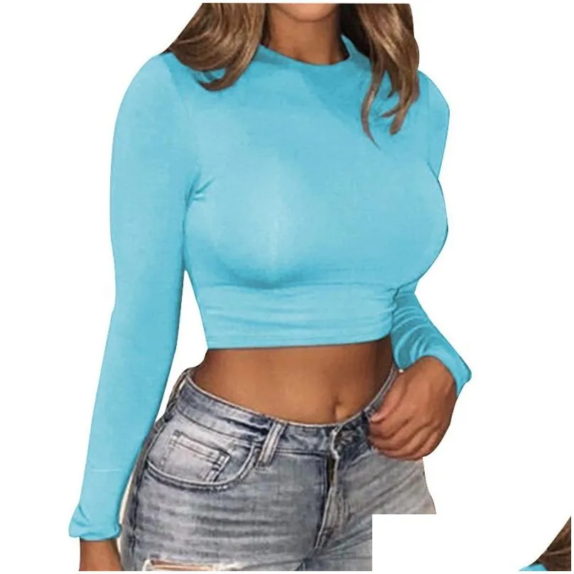 womens sexy bodycon t shirt autunmn women long sleeve o-neck crop top modis sheath t-shirt fashion autumn solid tops