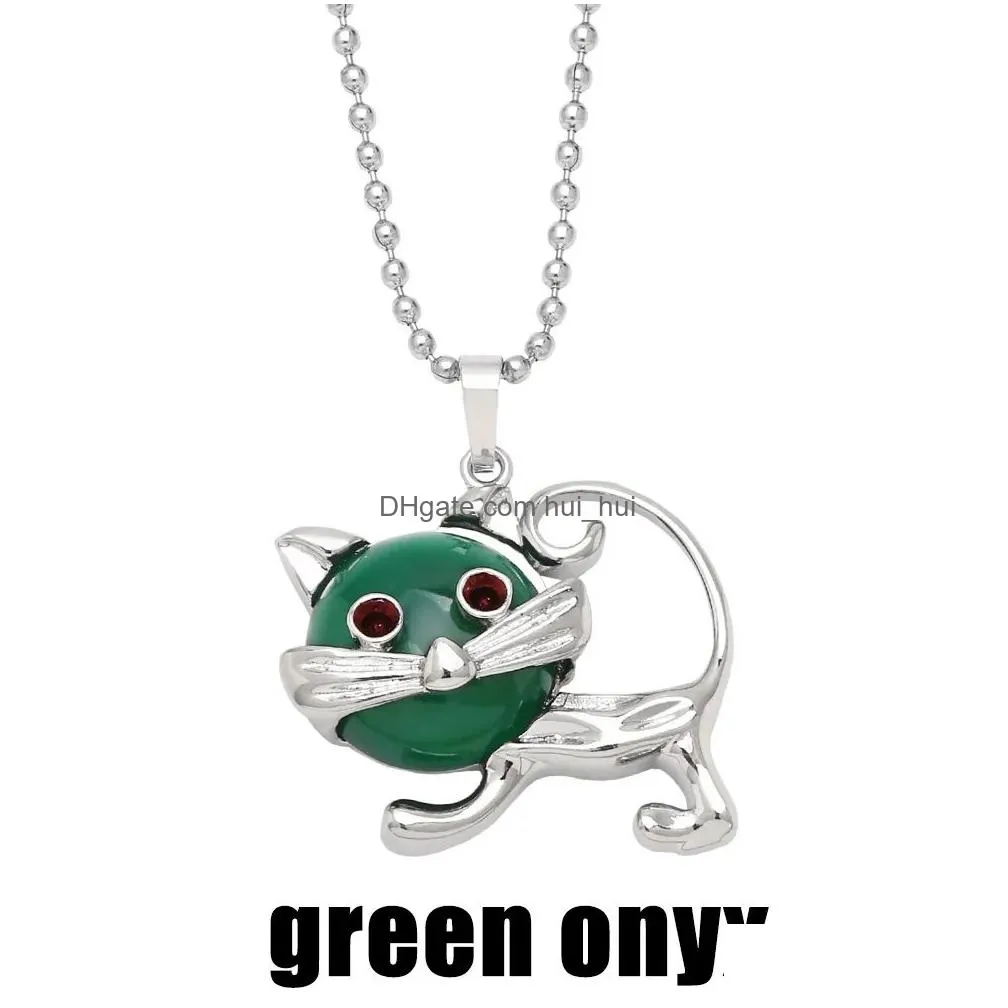 animal cat pendant necklaces women fashion design natural stone quartz tiger eye amethyst green turquoise opal malachite black onyx