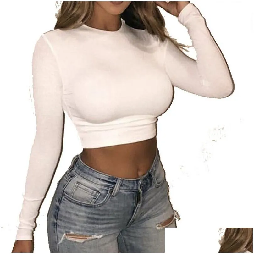 womens sexy bodycon t shirt autunmn women long sleeve o-neck crop top modis sheath t-shirt fashion autumn solid tops