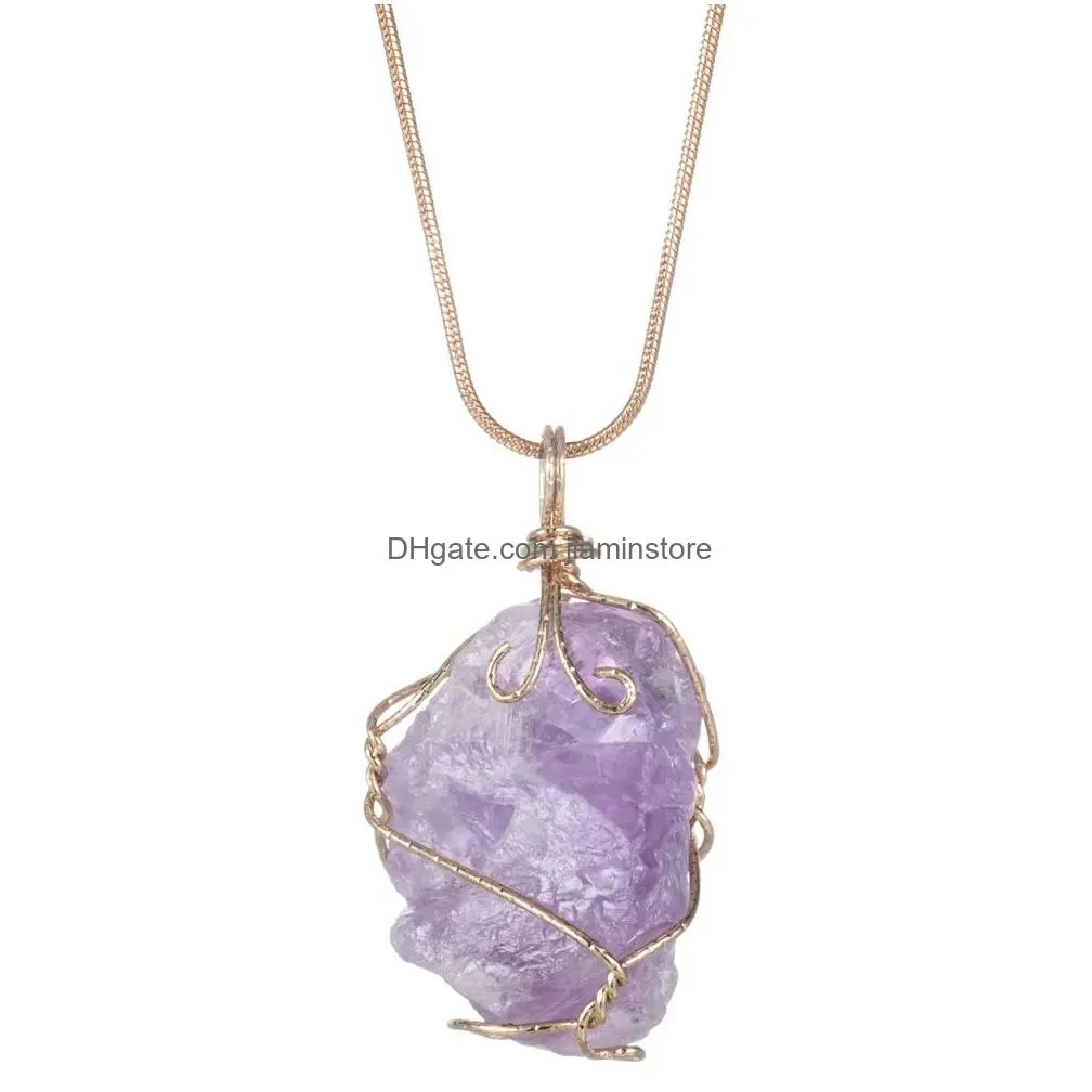 Pendant Necklaces Natural Crystal Pendant Necklace Roungh Tumbled Rock Stone Healing Irregar Handmade Jewelry For Women With Long Jewe Dhplz