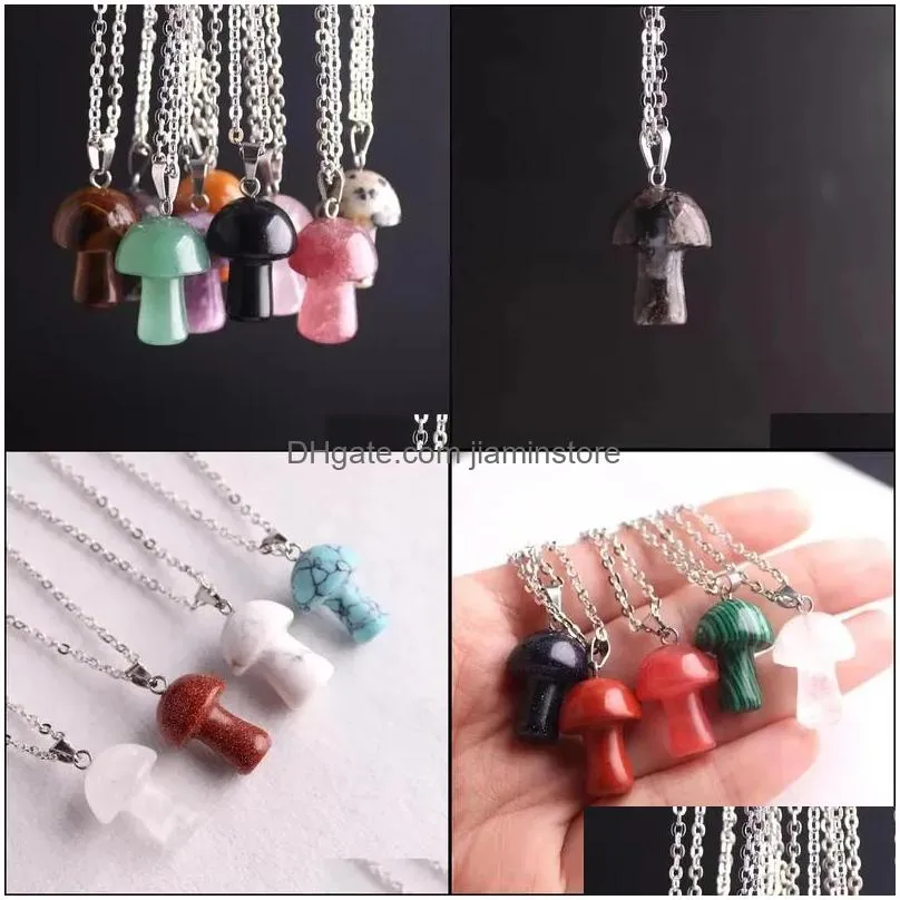 Pendant Necklaces Pendant Necklaces Mini Mushroom Necklace Natural Stone Crystal Quartz Healing Energy For Women Gift Stainless Steel Dhw30