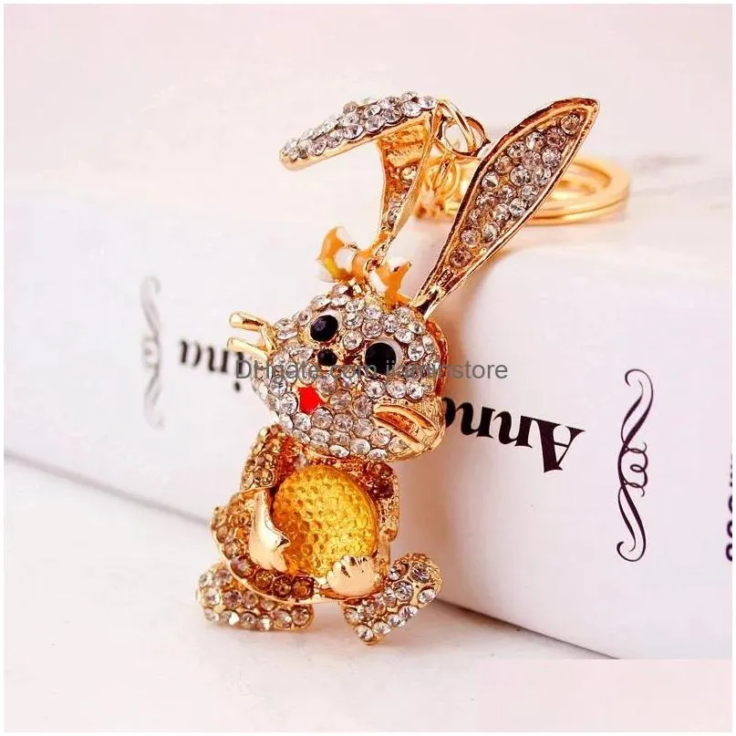 Key Rings Rabbit Keychain Gold Colorf Crystal Rhinestone Animal Metal Pendant Key Chains 3Pcs Cute Alloy Car Ring Birthday Gift Jewelr Dh2Ig