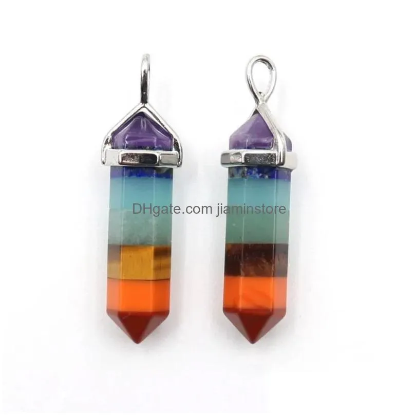 Pendant Necklaces Pendant Necklaces Reiki Chakra Natural Crystal For Women Necklace Hexagonal Healing Pointed Pendum Rainbow Layered Q Dhi2Z